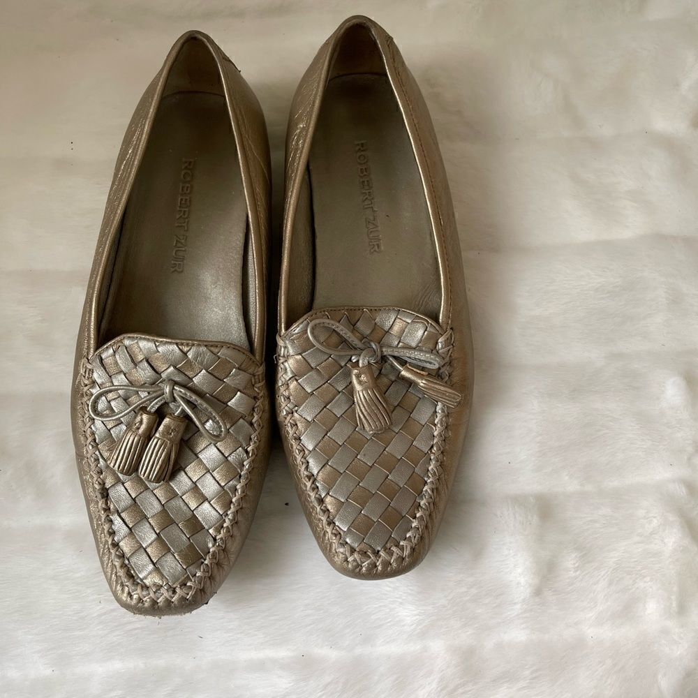 Robert Zur Metallic silver woven leather flats slip on rubber soles size…